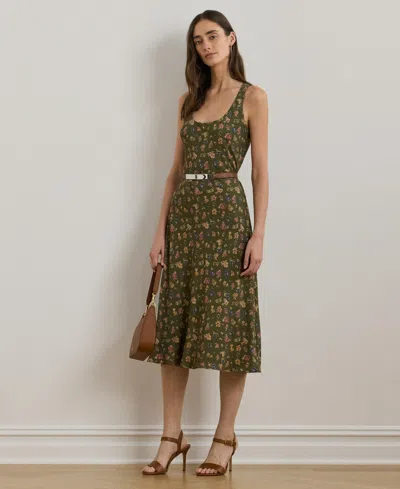 Ralph Lauren Women's Floral Belted Crepe Sleeveless Dress In Olive Multi