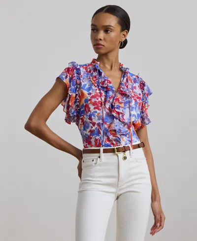 Ralph Lauren Floral Ruffle-trim Georgette Blouse In White Multi