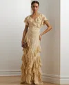 Ralph Lauren Floral Ruffle-trim Georgette Gown In Cream,tan
