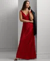 Ralph Lauren Floral Satin Charmeuse Cowlback Gown In Black,red