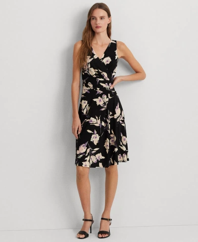 Lauren Ralph Lauren Women's Floral Surplice Jersey Sleeveless Dress In Black,cream Multi