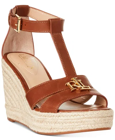 Ralph Lauren Logo-appliqué Wedge Sandals In Deep Saddle Tan