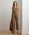 Ralph Lauren Houndstooth Belted Linen Jumpsuit In Brown,tan Multi