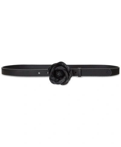 Lauren Ralph Lauren Women's Leather Floral-buckle Skinny Belt In Black