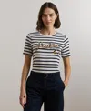 Ralph Lauren Women's Logo Striped Cotton-blend Jersey Tee In White,refined Navy