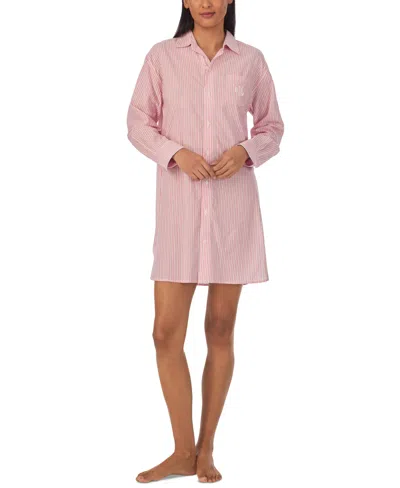 Lauren Ralph Lauren Women's Long-sleeve His Shirt Sleepshirt In Pink Stripe