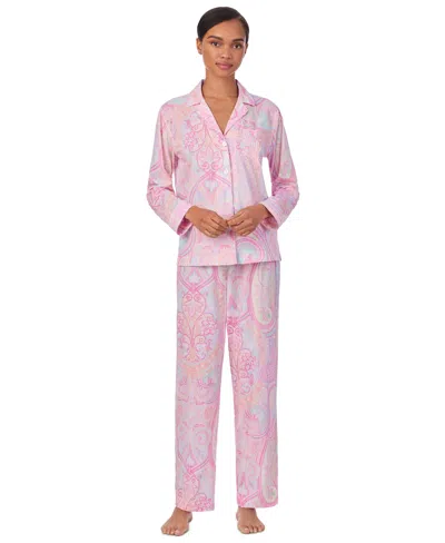 Ralph Lauren Women's Long Sleeve Notch Collar Long Pant Pajama Set In Pink Paisley