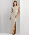 Ralph Lauren Metallic Sleeveless Side-slit Gown In Champagne,silver