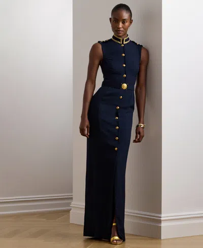 Ralph Lauren Metallic-trim Belted Georgette Gown In Lauren Navy