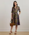Ralph Lauren Plaid Tie-front Linen Shirtdress In Purple,green Multi