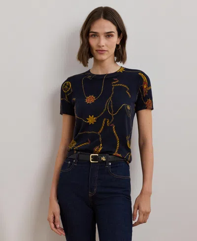 Ralph Lauren Women's Print Cotton-blend Short-sleeve Sweater In Navy Multi