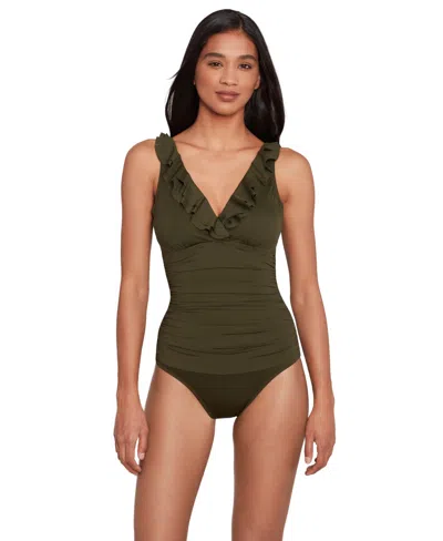 Ralph Lauren Ruffle Surplice One Piece Swimsuit In Olive