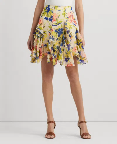 Lauren Ralph Lauren Floral Ruffle-trim Georgette Skirt In Cream/blue Multi