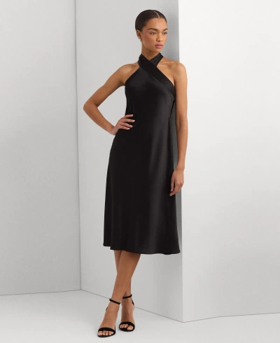 Ralph Lauren Satin Charmeuse Halter Cocktail Dress In Black