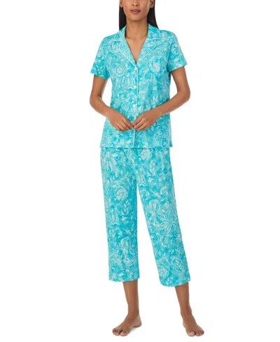 Lauren Ralph Lauren Women's Short-sleeve Capri Pant Pajama Set In Turquoise Print