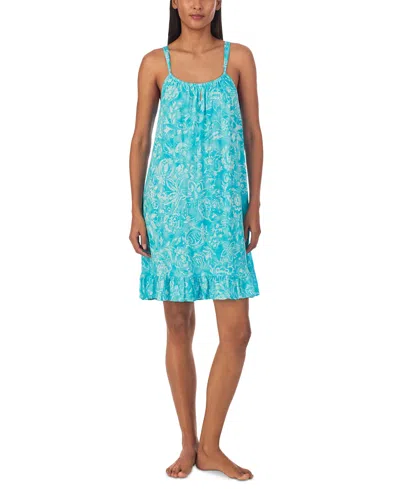 Lauren Ralph Lauren Women's Short Tunnel Neck Strap Nightgown In Turquoise Print