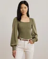 Ralph Lauren Smocked Jersey Blouson-sleeve Top In Sage Green