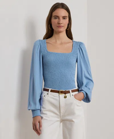 Ralph Lauren Women's Smocked Jersey Blouson-sleeve Top In Sky Blue