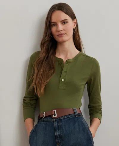Ralph Lauren Women's Stretch Cotton Henley Top In Olive Grove