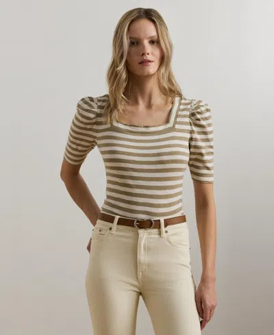 Ralph Lauren Women's Striped Cotton Jersey Puff-sleeve Tee In Sage Green,mascarpone Cream