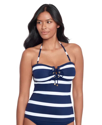 Ralph Lauren Women's Striped Halter-neck Lace-up Tankini In Dark Navy
