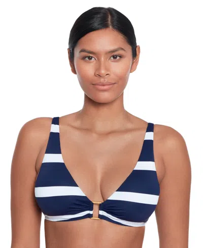 Lauren Ralph Lauren Women's Striped O-ring Bikini Top In Dark Navy