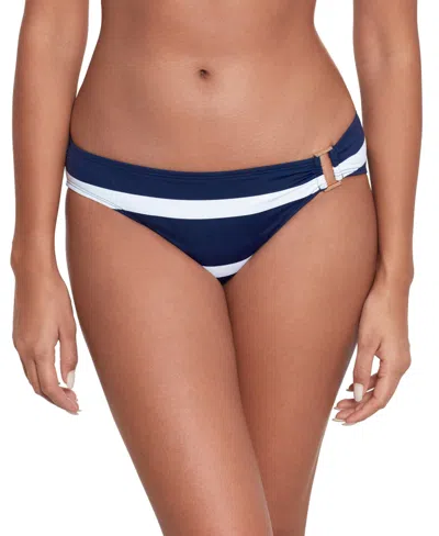 Lauren Ralph Lauren Women's Striped O-ring Hipster Bikini Bottoms In Dark Navy