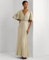 Ralph Lauren Women's Twist-front Cape-overlay Gown In Birch Tan Gold Foil