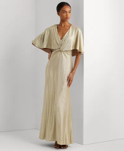Lauren Ralph Lauren Women's Twist-front Cape-overlay Gown In Birch Tan Gold Foil