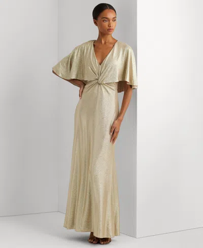 Ralph Lauren Women's Twist-front Cape-overlay Gown In Birch Tan Gold Foil