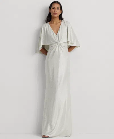 Ralph Lauren Metallic Knit Twist-front Cape Gown In Mascarpone Cream