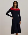 Ralph Lauren Two-tone Pointelle-knit Dress In Lauren Navy,festive Red