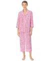 Ralph Lauren Women's 3/4 Sleeve Notch Collar Long Pants 2 Piece Pajama Set In 3,4 Capri Pj