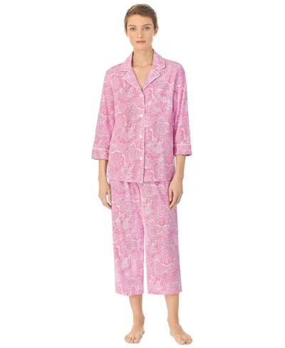 RALPH LAUREN WOMENS 3/4 SLEEVE COTTON NOTCH COLLAR CAPRI PANT PAJAMA SET