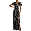 Ralph Lauren Floral Belted Flutter-sleeve Gown In Black