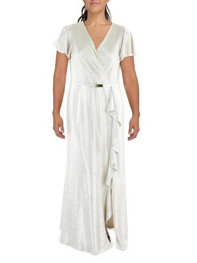 Lauren Ralph Lauren Womens Metallic Flutter Sleeves Evening Dress In White