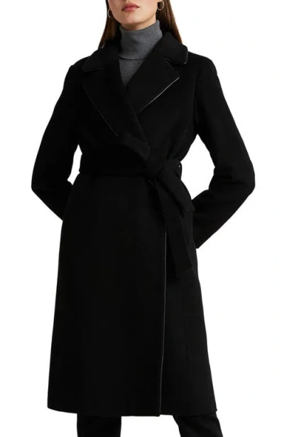 Lauren Ralph Lauren Wool Blend Coat With Faux Leather Piping In Black