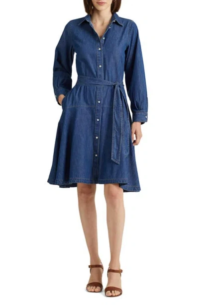 Ralph Lauren Lauren  Long Sleeve Belted Denim Shirtdress In Cannes Wash