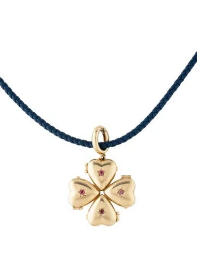 Pre-owned Lauren Rubinski 14k Tourmaline Bruno Secret Clover Pendant W/ Leather Necklace, 17" In Blue