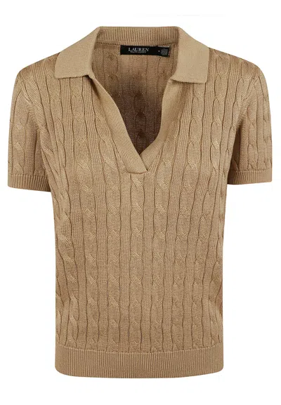 Laurèn Short-sleeved Cable-knit Cotton Polo Shirt In Brown