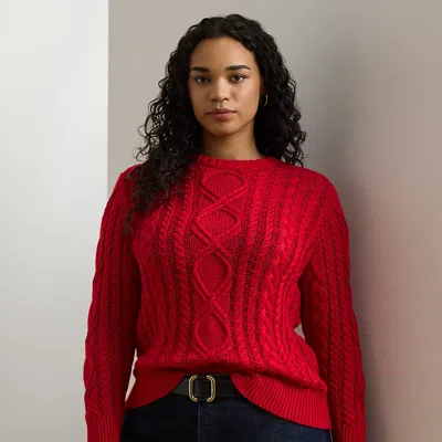 Lauren Woman Aran-knit Cotton-blend Crewneck Sweater In Festive Red