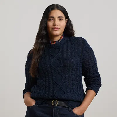 Lauren Woman Aran-knit Cotton-blend Crewneck Sweater In Lauren Navy