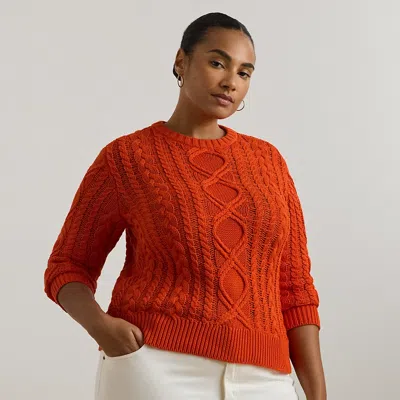 Lauren Woman Aran-knit Cotton-blend Crewneck Sweater In Orange Lily