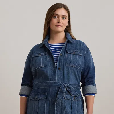 Lauren Woman Belted Denim Shirt Jacket In Marina Wash