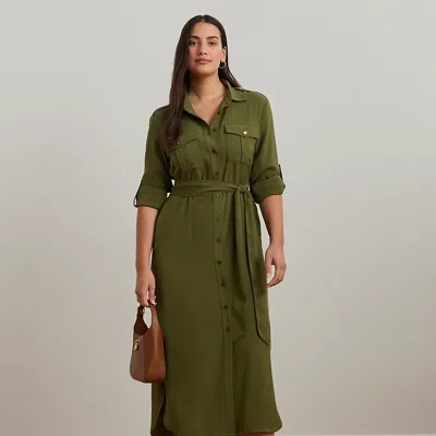 Lauren Woman Belted Double-faced Georgette Shirtdress In Olive Grove