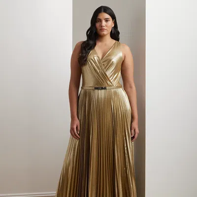 Lauren Woman Belted Metallic Chiffon Surplice Gown In Tan/light Gold Foil