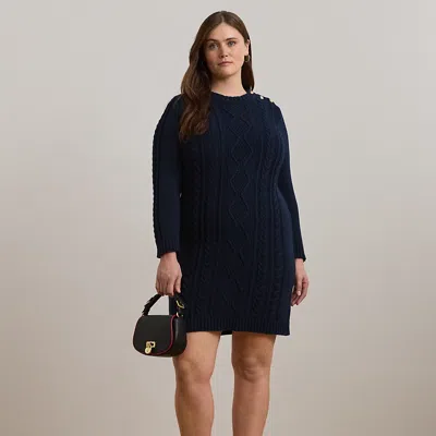 Lauren Woman Button-trim Aran-knit Sweater Dress In Lauren Navy