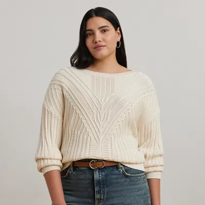 Lauren Woman Cable-knit Cotton-blend Boatneck Sweater In Mascarpone Cream