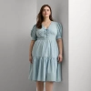 Lauren Woman Chambray Puff-sleeve Dress In Medium Chambray Wash