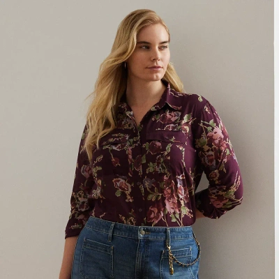 Lauren Woman Classic Fit Floral Cotton Voile Shirt In Burgundy Multi